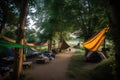 campsite with hammocks, lanterns and games for fun evenings