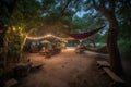 campsite with hammocks, lanterns, and picnic for a relaxing night under the stars