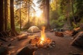 A campsite in the heart of a forest, surrounded by trees. The campfire in the background. Generative AI Royalty Free Stock Photo