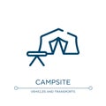 Campsite icon. Linear vector illustration from road trip collection. Outline campsite icon vector. Thin line symbol for use on web