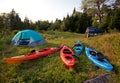 Campsite with kayaks, truck and tent Royalty Free Stock Photo