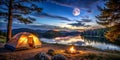Campsite by a Lake Under a Full Moon, camping, night, nature, outdoors Royalty Free Stock Photo