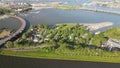 Campsite near Amsterdam Zeeburg aerial drone view in The Netherlands. Holland at sunset.