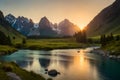 A campsite nestled in a mountain valley, with a clear stream flowing by and a backdrop of rugged peaks