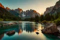 A campsite nestled in a mountain valley, with a clear stream flowing by and a backdrop of rugged peaks