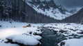 Campsite nestled in a snowy mountain valley, with a glistening stream and snowflakes dancing in the air