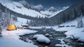 Campsite nestled in a snowy mountain valley, with a glistening stream and snowflakes dancing in the air.