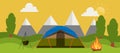 Campsite place in forest vector cartoon illustration banner. Camping landscape with tent, bonfire and mountains. Summer