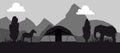 Campsite place in safari black and white silhouette vector illustration. Camping landscape with tent, horse and elephant