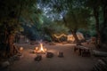 campsite with roaring campfire and hanging lanterns, surrounded by the sounds of nature