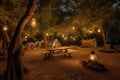 campsite with roaring campfire and hanging lanterns, surrounded by the sounds of nature
