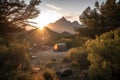 campsite with sunset view, surrounded by mountains and trees