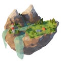 Campsite, a tent, bonfire near the river. Camping island low poly landscape with mountain. Summertime concept. 3d render