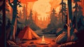 A campsite with a tent and a campfire in the forest. Summer landscape in nature. Generative AI