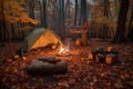 campsite with tent, lantern, and campfire for a warm and cozy stay