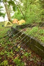 campsite, tents, fishing poles with reels and ocean in background Royalty Free Stock Photo