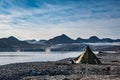 Campsite tents in Svalbard at glacier front tongue