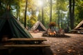 Campsite tranquility Tents in a wooded area with a rustic table
