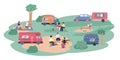 Campsite with travels near trailers, cartoon vector illustration isolated. Royalty Free Stock Photo