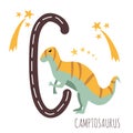 Camptosaurus.Letter C with reptile name.Hand drawn cute herbivores dinosaur.Educational prehistoric illustration.