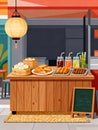 A street food cart with a red canopy and wooden body stands on a woven mat. Royalty Free Stock Photo