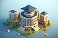 campus life for education with graduation hat on top of campus buildings with isometric 3d low poly style , generative AI