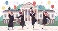 Campus park graduation. Happy students group jumping on university building backdrop, certificates in hands, boys and