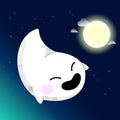 Cute cartoon ghost flying against full moon light. Night sky with stars and moon. Royalty Free Stock Photo