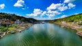 Wide view of beautiful Omkareshwar Island in Narmada river in Madhyapradesh, India