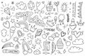 Unicorn and Magic Doodles. Cute unicorn and pony collection with magic items. Unicorn pattern. Vector doodles illustrations.