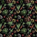 Black seamless pattern with neon fresh vegetables