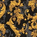 Seamless pattern with bunches of grapes. Golden ornament on a black background in vintage style.