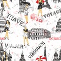 Seamless pattern with fashionable young women with world landmarks on a white background.