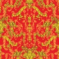 Vintage seamless pattern with bunches of grapes. Golden ornament on a red background.