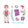 Girl swimmer and things for the pool and sports equipment for swimming.