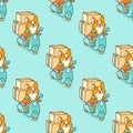 Seamless pattern with Corgi dog rides on a blue motobike with cardboard boxes.