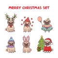 Set cute pug dogs in costume for Merry Christmas. Royalty Free Stock Photo