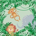 Vector illustration of jungles, branches, monkey hanging on lianas, lion and elephant on green background.