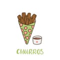 Churros with chocolate. Churros or churro is a traditional Spanish dessert.