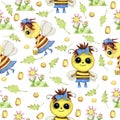 Illustration, seamless pattern, cute wasps, wasp house, flowers and leaves, flower pollen, plant twigs