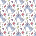 Seamless pattern with narwhal and starfish, pearl, shells, coral.