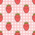 Seamless pattern with ÃÂute strawberry with a smile, on a pink cage tablecloth.