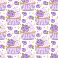 Cute seamless pattern with blueberry cupcake muffin, on a white background. Royalty Free Stock Photo