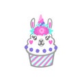 Llama cupcake with floral wreath and horn like unicorn.