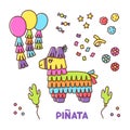 Mexican set with Pinata donkey - paper toy, and other decorations for a holiday, on a white background. Royalty Free Stock Photo