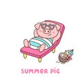 Summer pig in swimsuit and glasses, with coconut cocktail, lays on a deckchair on the beach.