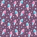 Seamless pattern with surreal unicorn which emerge from ice cream cone.