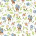 Illustration, seamless pattern of green leaves, delicate flowers, twigs and potted flowers on a white background.