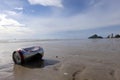 Can on a beach, environmental pollution concept. Royalty Free Stock Photo