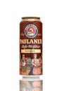 Can of beer Paulaner Hefe Weissbier Dunkel on a white background. Famous brewery in Germany.